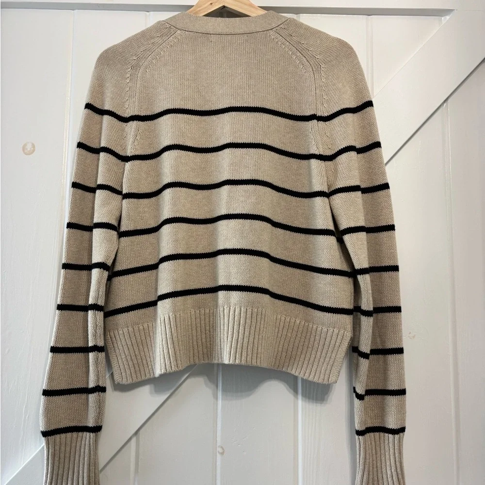 Banana Republic Essential Short Cardigan Black Beige Striped Wool Silk Blend S